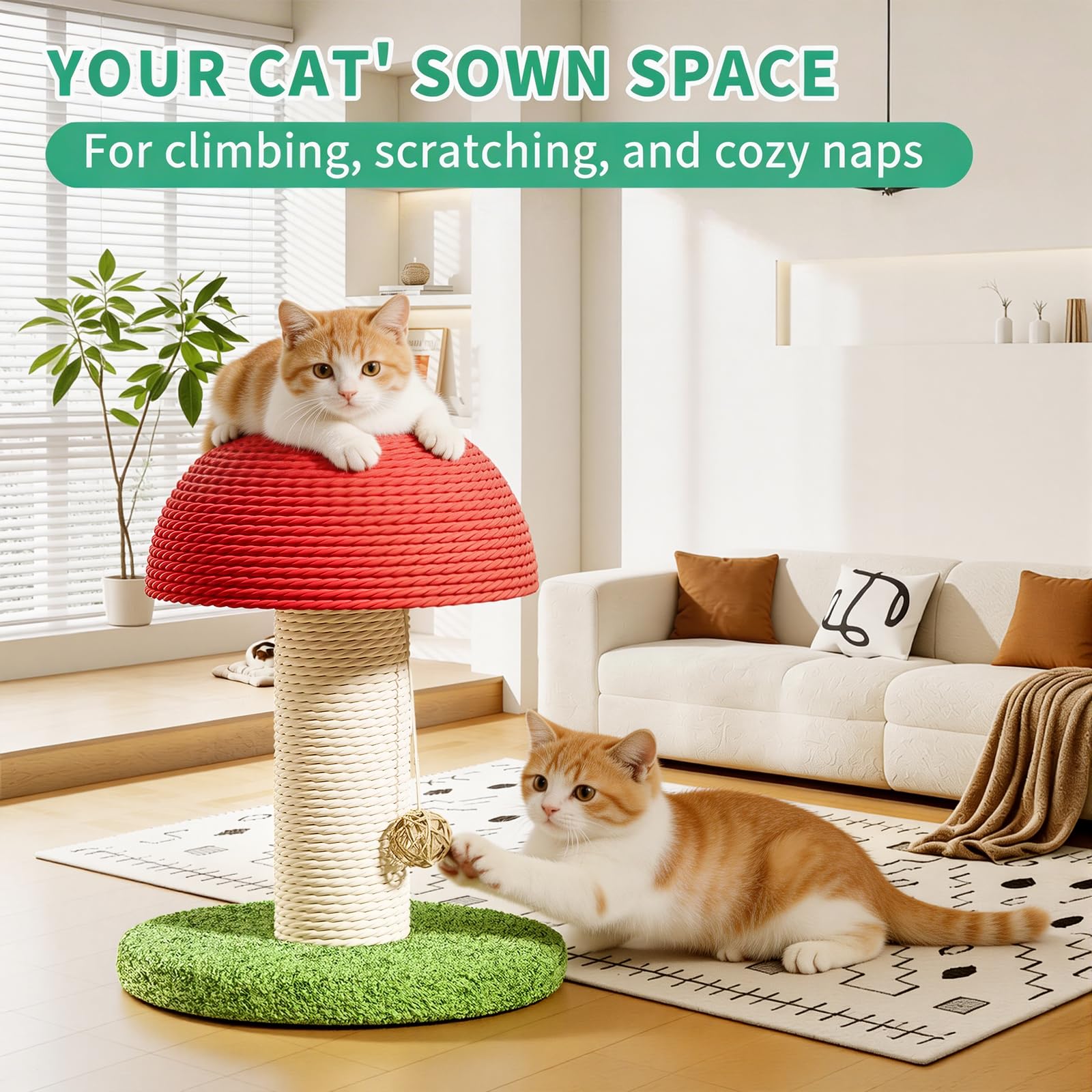 Mushroom Cat Scratching Post — Compact Sisal Scratcher with Ball