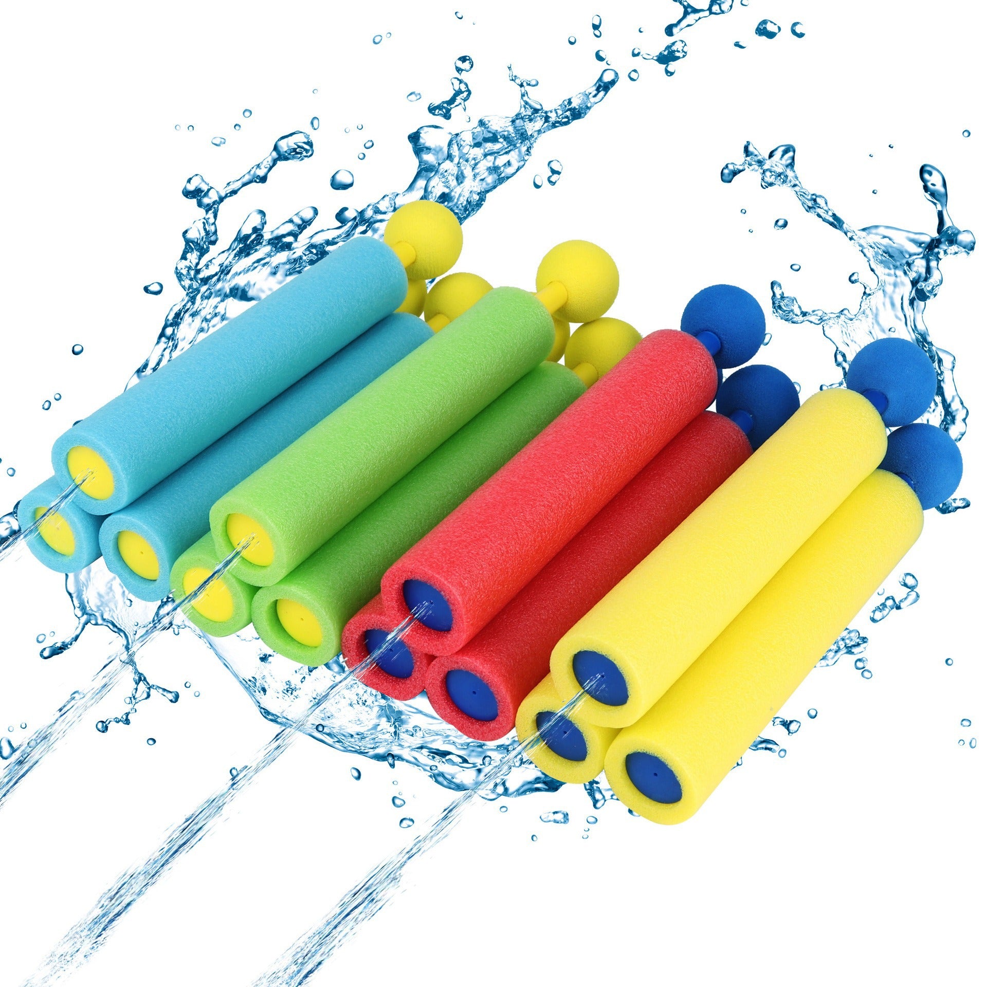 Set of 4 mini EVA foam retractable water guns for kids in assorted colors, ideal for beach and outdoor summer water fights