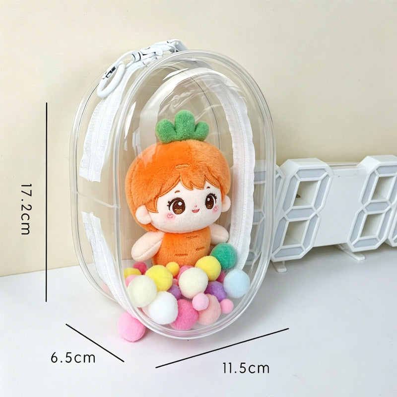 Clear PVC mini doll backpack display case for Labubu and mini figures, dustproof and transparent storage bag