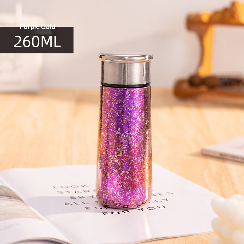 Portable mini ceramic-lined insulated travel cup in titanium stainless steel, available in 150ml to 300ml sizes, ideal for hot and cold drinks on the go