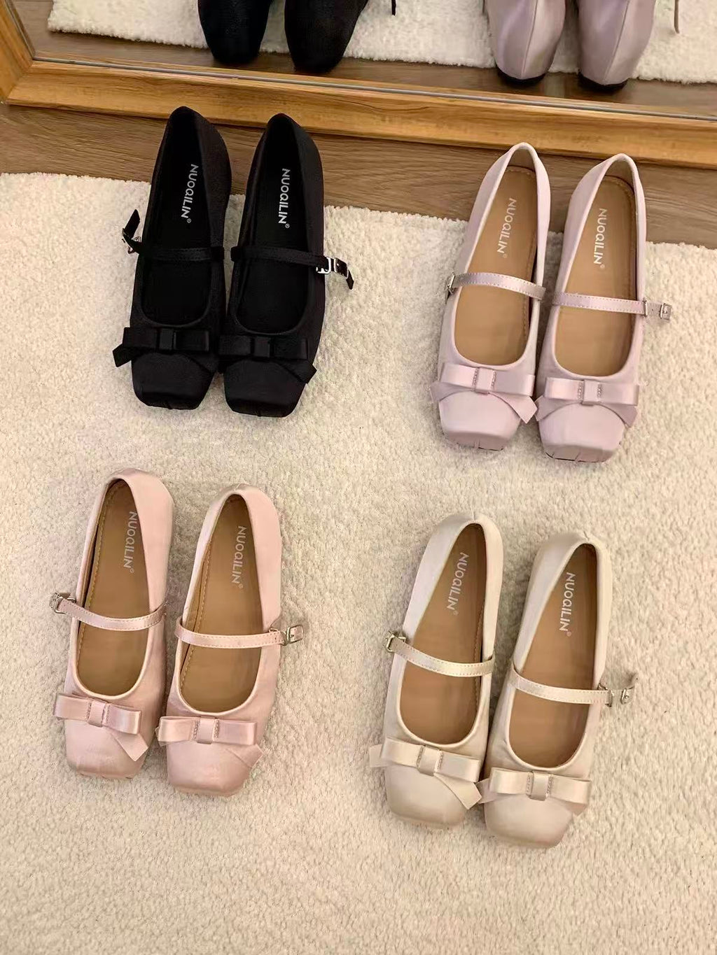 Women French Gentle Satin Ribbon Bow Mary Jane Flats, Square Toe Single Mini Buckle Shiny Silk Casual Daily Wedding Doll Ballet Shoes