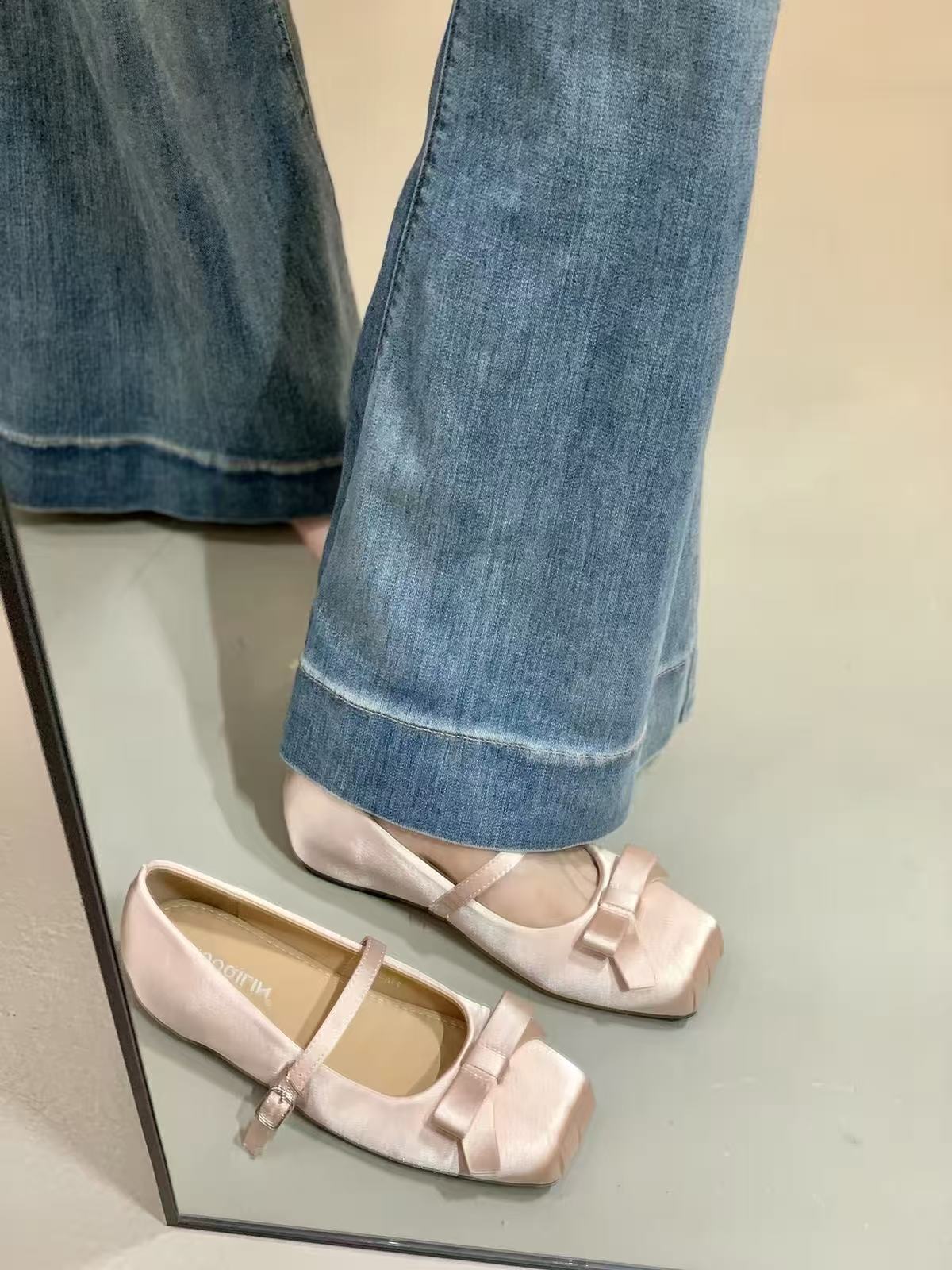 Women French Gentle Satin Ribbon Bow Mary Jane Flats, Square Toe Single Mini Buckle Shiny Silk Casual Daily Wedding Doll Ballet Shoes
