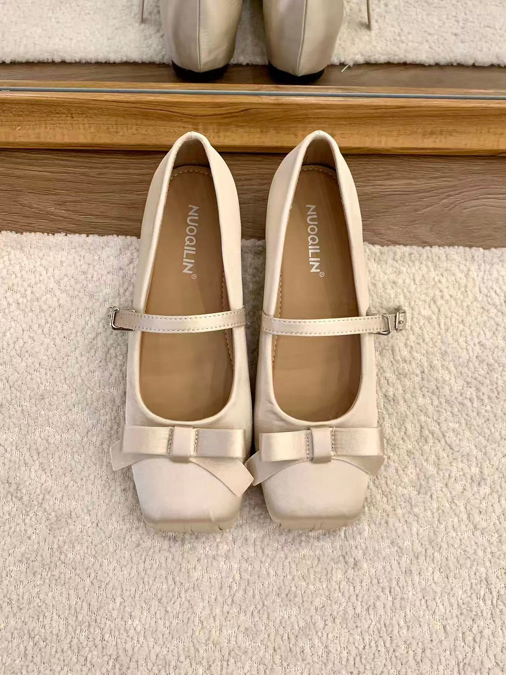 Women French Gentle Satin Ribbon Bow Mary Jane Flats, Square Toe Single Mini Buckle Shiny Silk Casual Daily Wedding Doll Ballet Shoes