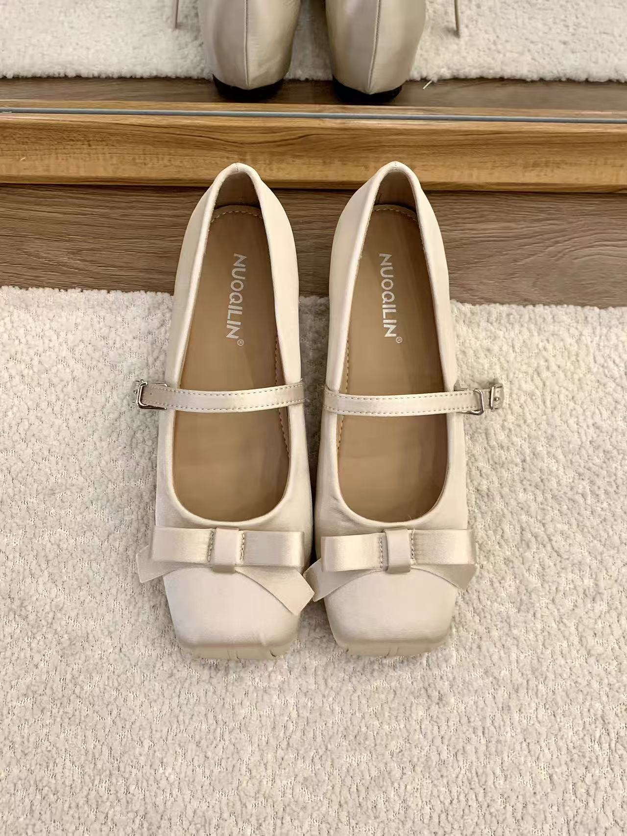 Women French Gentle Satin Ribbon Bow Mary Jane Flats, Square Toe Single Mini Buckle Shiny Silk Casual Daily Wedding Doll Ballet Shoes