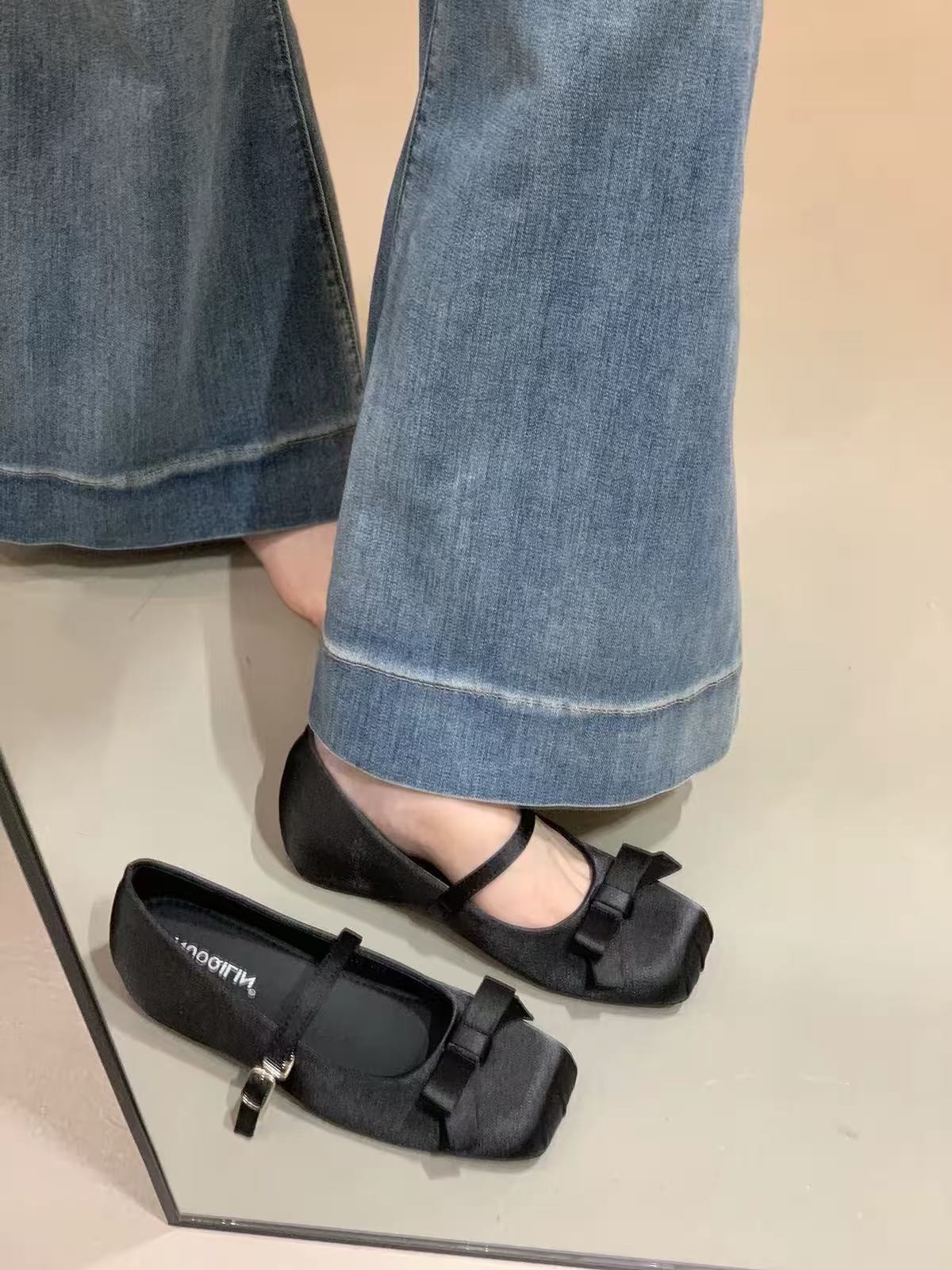 Women French Gentle Satin Ribbon Bow Mary Jane Flats, Square Toe Single Mini Buckle Shiny Silk Casual Daily Wedding Doll Ballet Shoes
