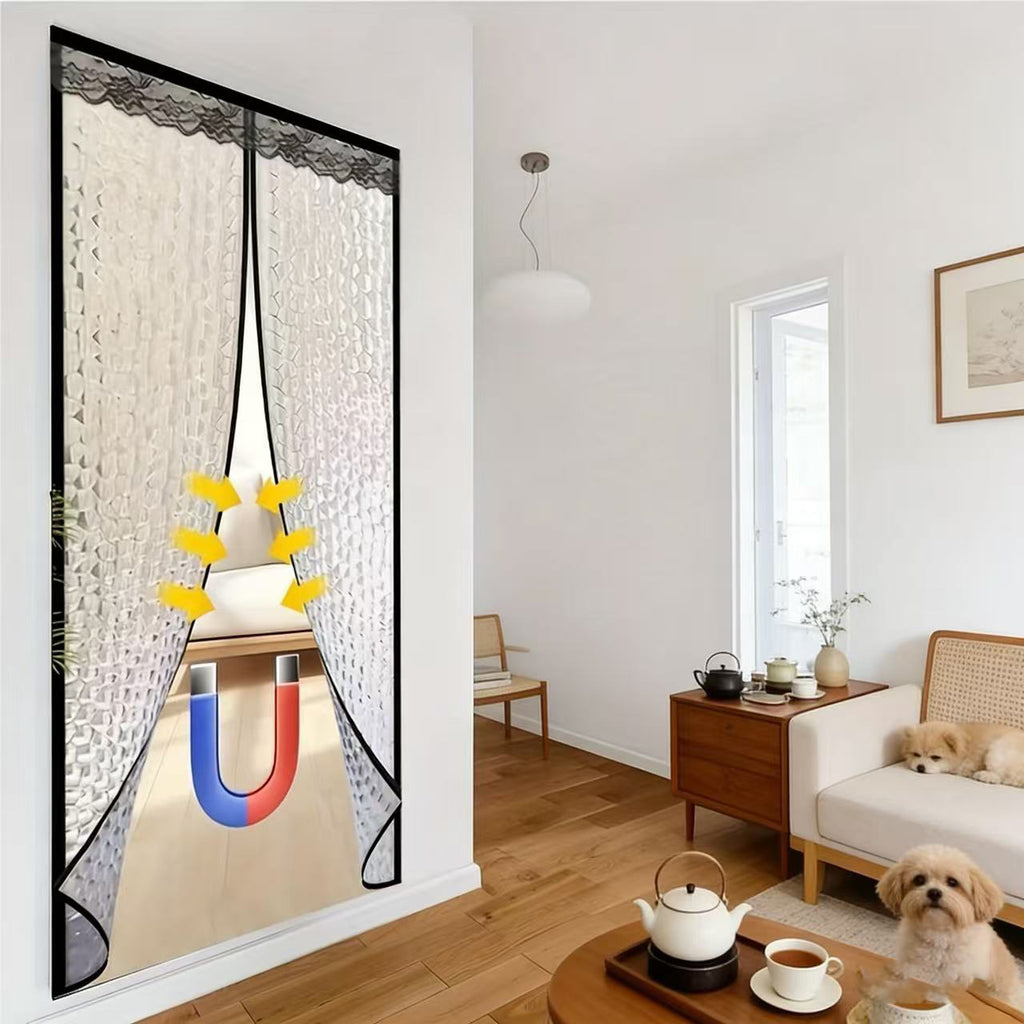 Black Lace Magnetic Door Curtain — No-Drill Insulating Screen