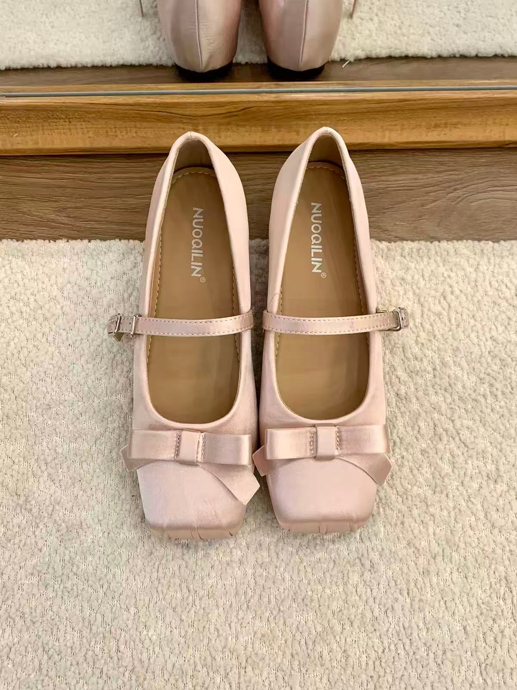 Women French Gentle Satin Ribbon Bow Mary Jane Flats, Square Toe Single Mini Buckle Shiny Silk Casual Daily Wedding Doll Ballet Shoes