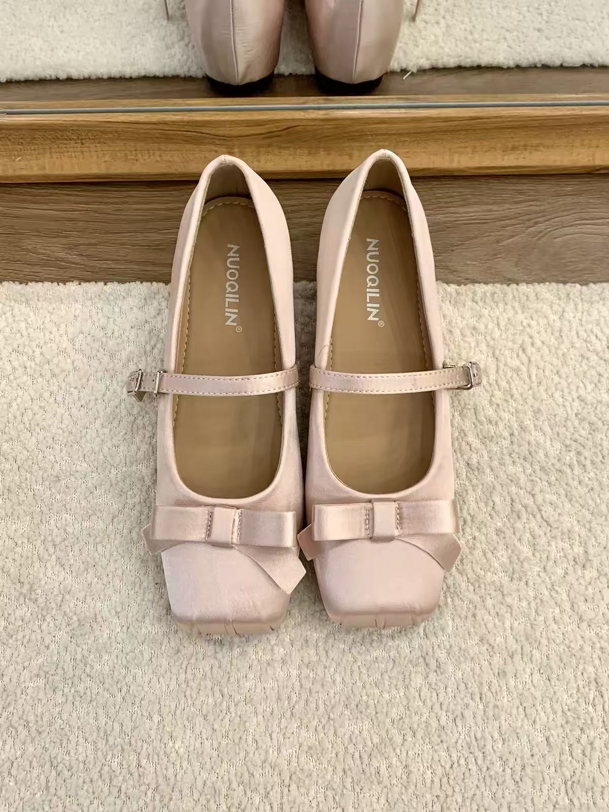 Women French Gentle Satin Ribbon Bow Mary Jane Flats, Square Toe Single Mini Buckle Shiny Silk Casual Daily Wedding Doll Ballet Shoes