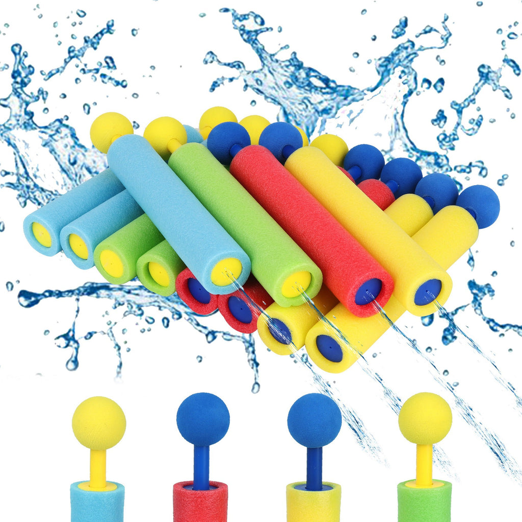 Set of 4 mini EVA foam retractable water guns for kids in assorted colors, ideal for beach and outdoor summer water fights