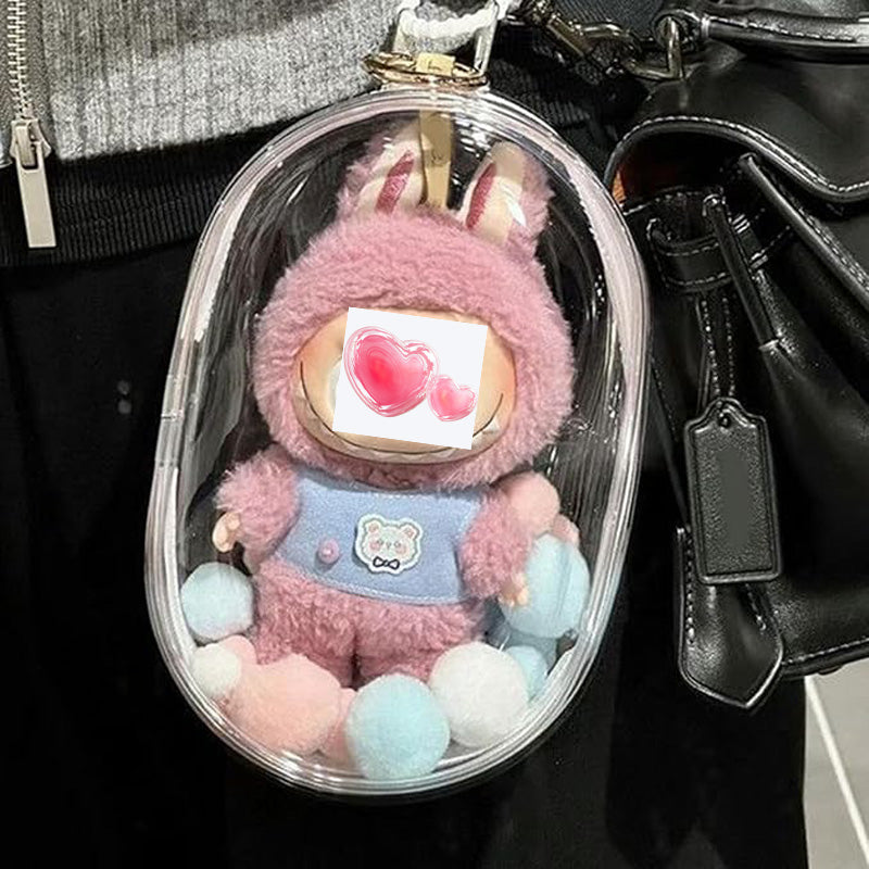 Clear PVC mini doll backpack display case for Labubu and mini figures, dustproof and transparent storage bag